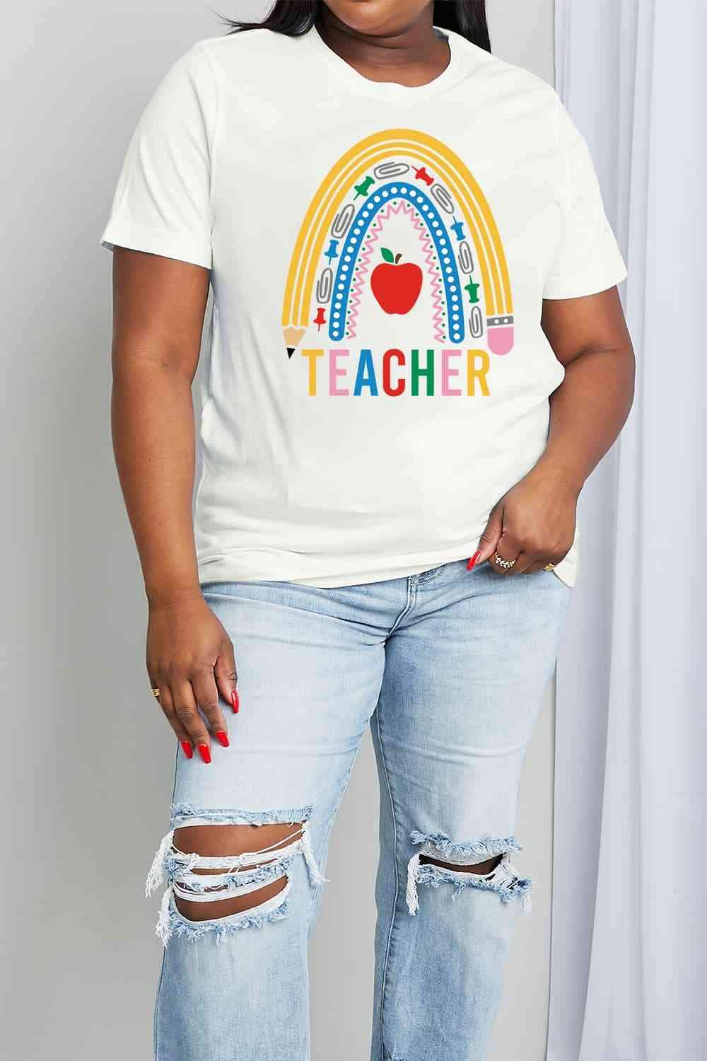 Simply Love Full Size TEACHER Rainbow Graphic Cotton Tee Women's T-Shirts - Tophatter Daily Deals