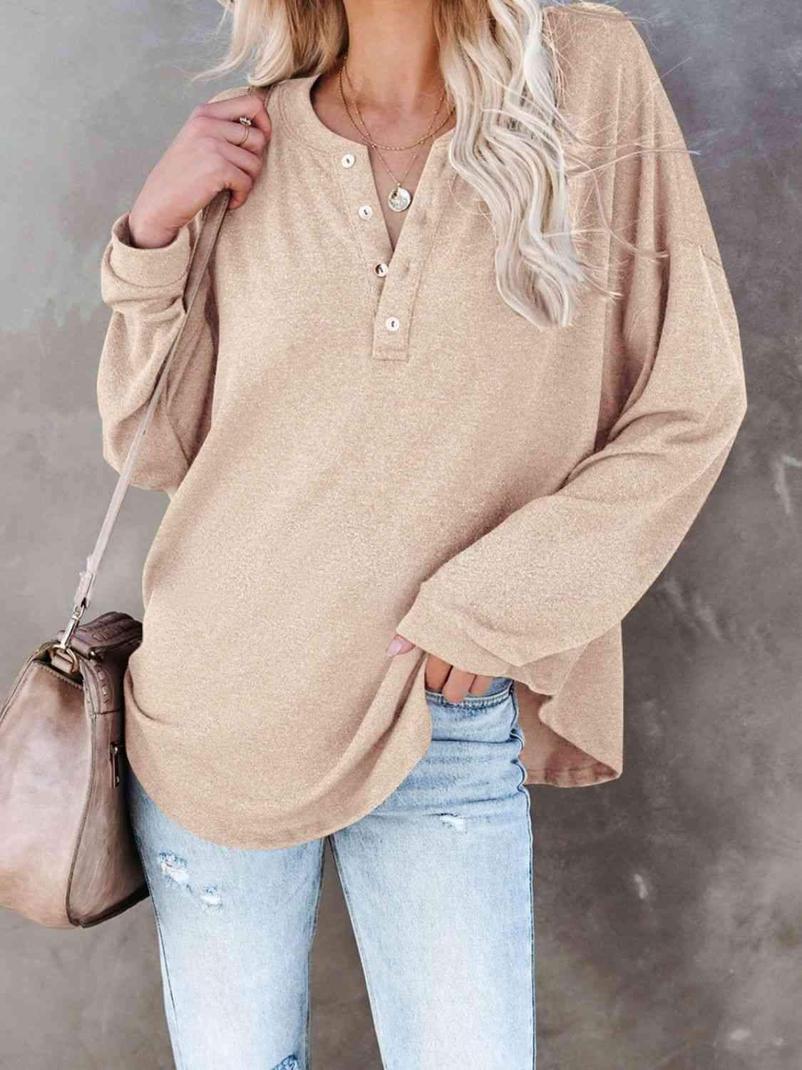 Buttoned Drop Shoulder Top Women's T-Shirts - Tophatter Daily Deals