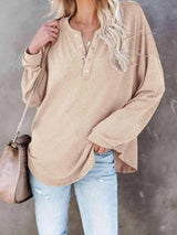 Buttoned Drop Shoulder Top Women's T-Shirts - Tophatter Daily Deals