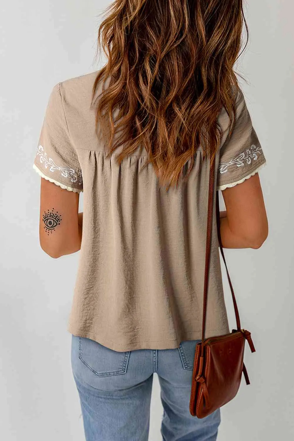 Embroidered Round Neck Short Sleeve Blouse Blouses - Tophatter Daily Deals