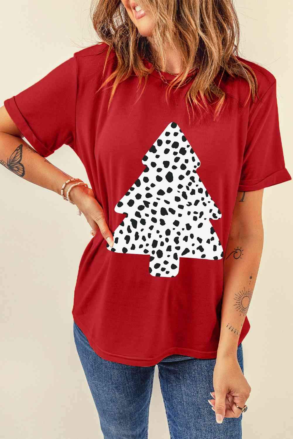 Christmas Tree Graphic Short Sleeve T-Shirt Women's T-Shirts - Tophatter Daily Deals