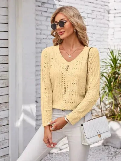 Decorative Button Openwork V-Neck T-Shirt Women's T-Shirts - Tophatter Daily Deals