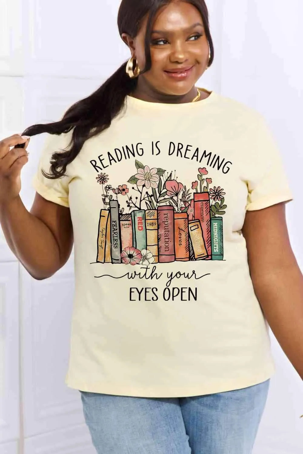Simply Love Simply Love Full Size READING IS DREAMING WITH YOUR EYES OPEN Graphic Cotton Tee Women's T-Shirts - Tophatter Daily Deals