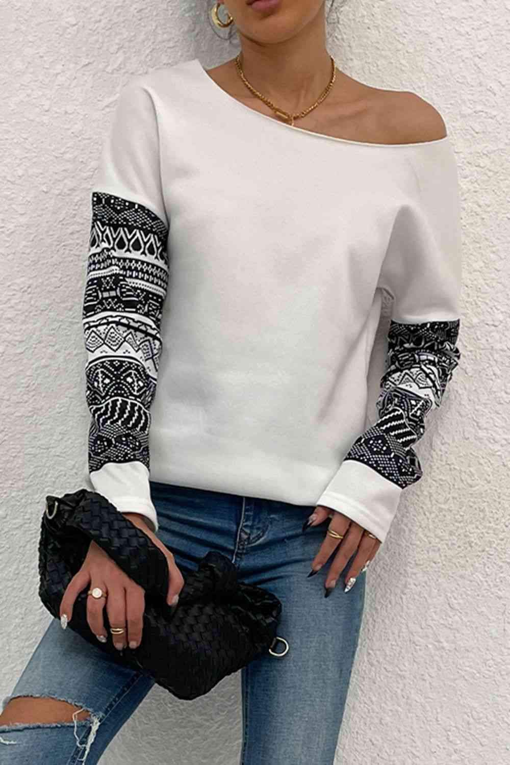 Boat Neck Long Printed Sleeve Blouse White Blouses - Tophatter Daily Deals