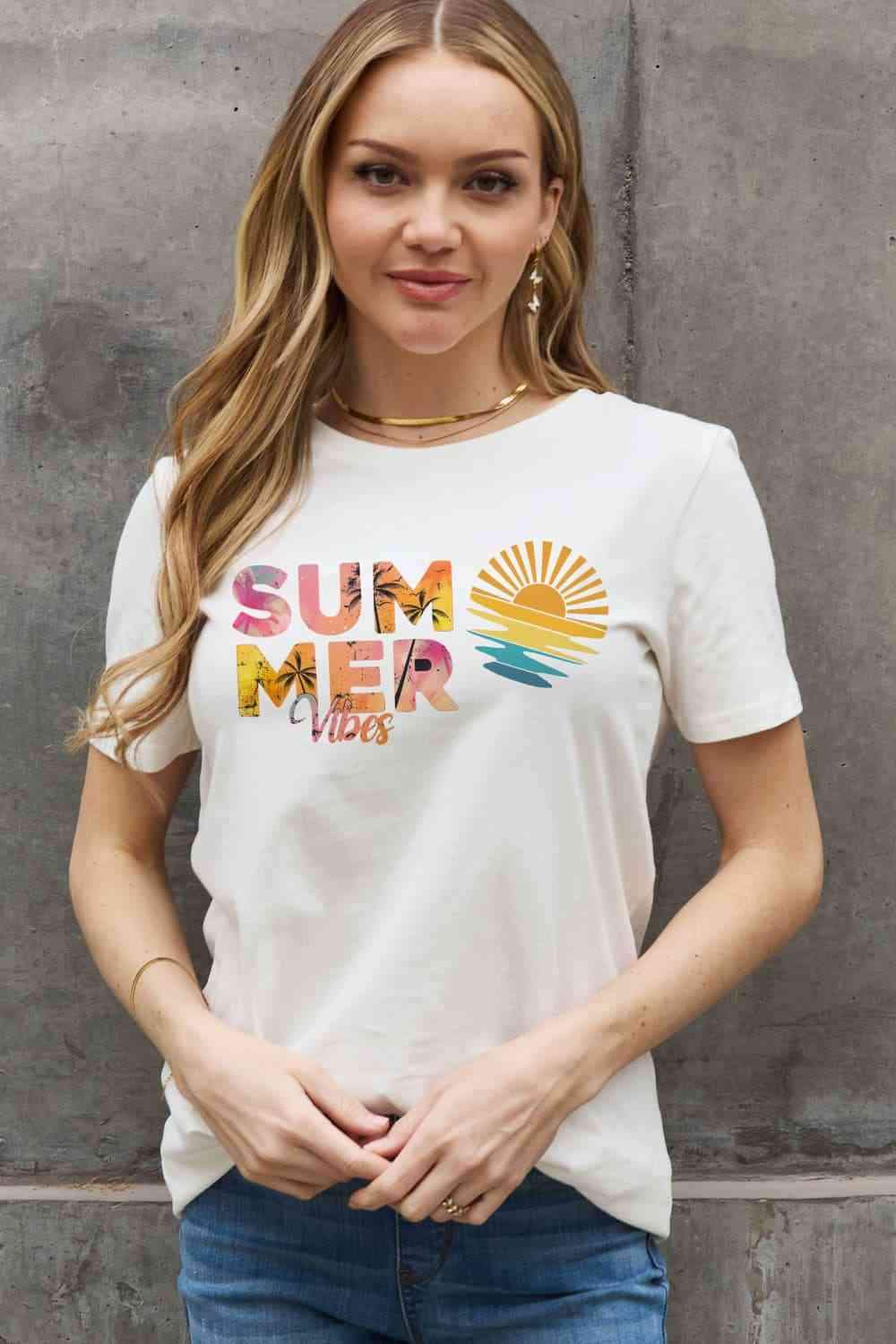 Simply Love Full Size SUMMER VIBES Graphic Cotton Tee Women's T-Shirts - Tophatter Daily Deals