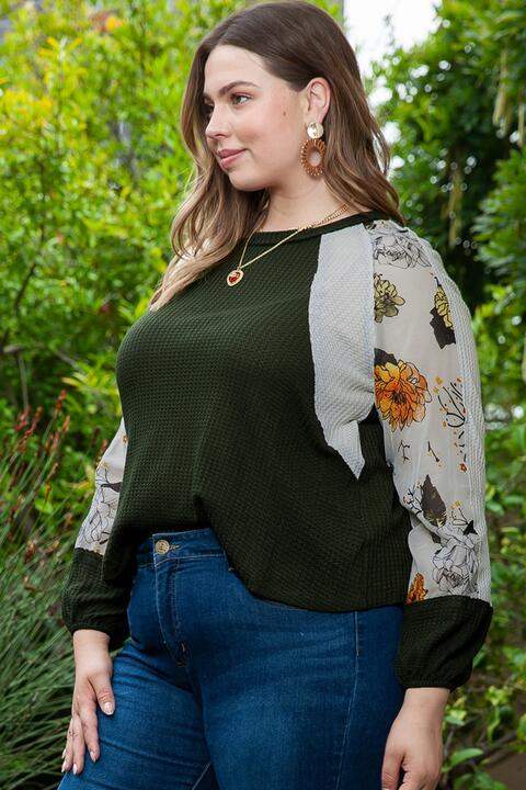 Plus Size Floral Waffle-Knit Round Neck Blouse Blouses - Tophatter Daily Deals