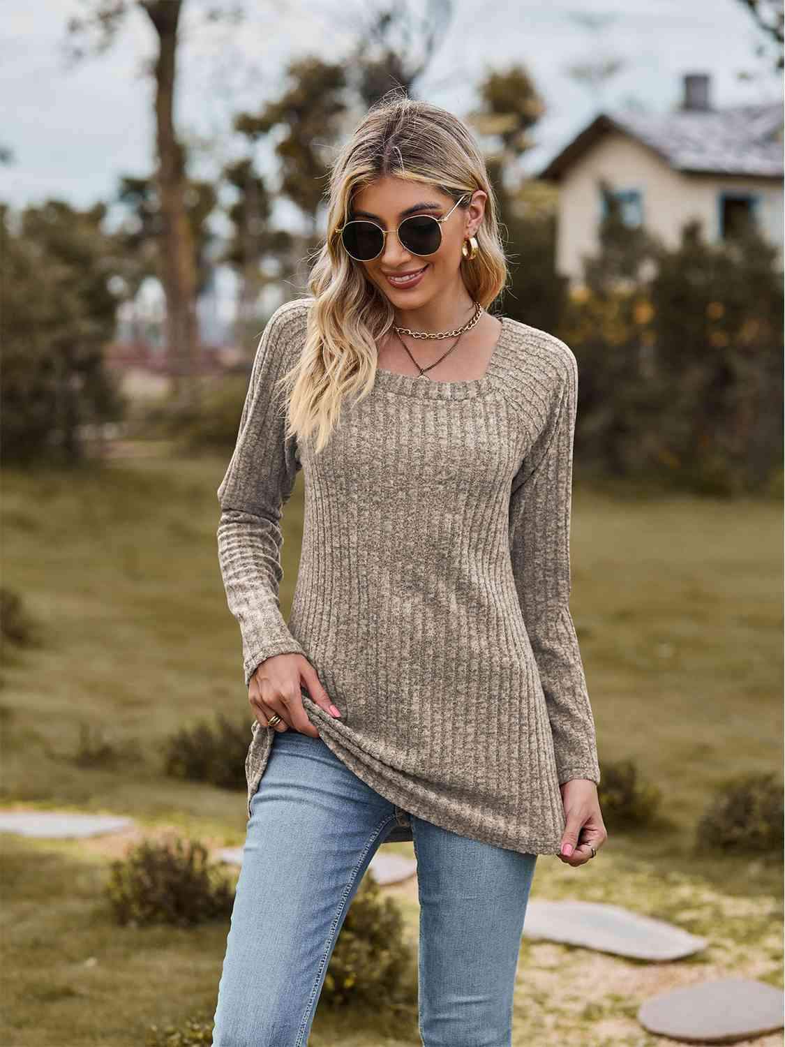 Full Size Ribbed Square Neck Long Sleeve T-Shirt Women's T-Shirts - Tophatter Daily Deals