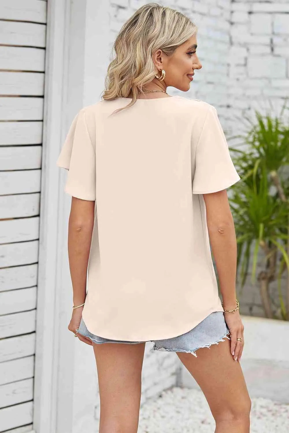 V-Neck Flutter Sleeve Blouse Blouses - Tophatter Daily Deals