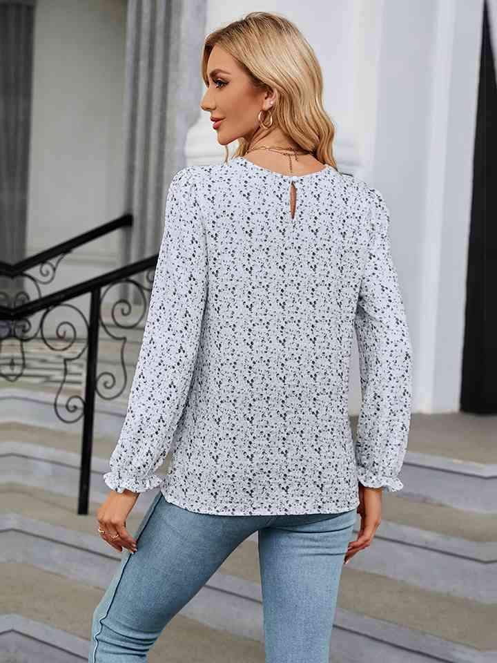 Printed Round Neck Flounce Sleeve Blouse Women's T-Shirts - Tophatter Daily Deals