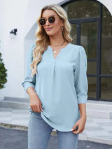 Notched Puff Sleeve Blouse Pastel Blue Blouses - Tophatter Daily Deals