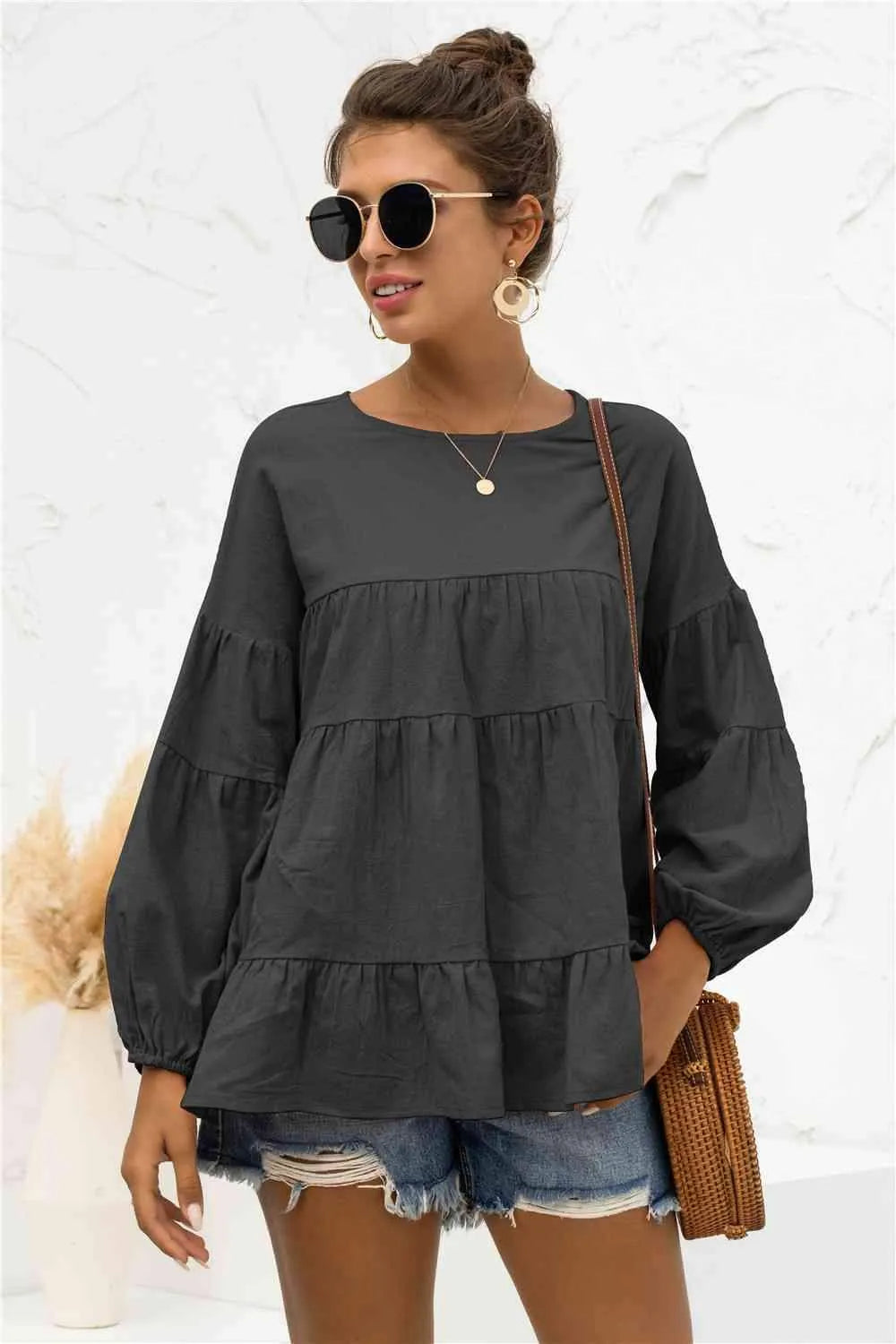 Round Neck Bubble Sleeve Tiered Blouse Black Blouses - Tophatter Daily Deals