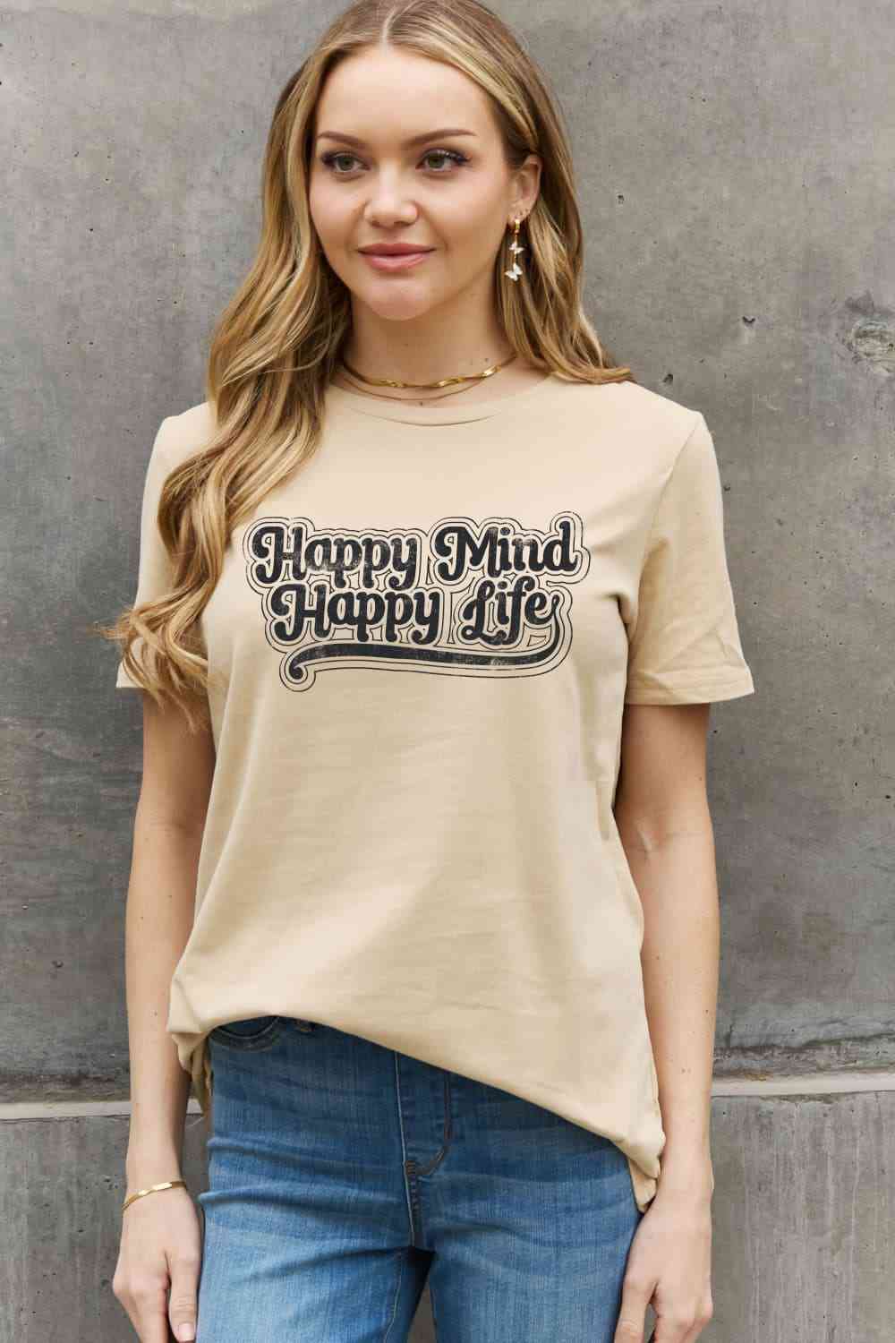 Simply Love Full Size HAPPY MIND HAPPY LIFE Graphic Cotton Tee Women's T-Shirts - Tophatter Daily Deals