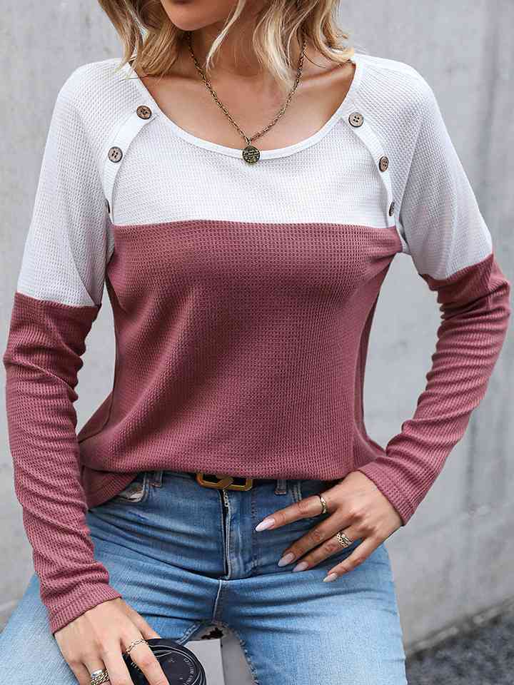 Two-Tone Buttoned Waffle-Knit Top Light Mauve Women's T-Shirts - Tophatter Daily Deals