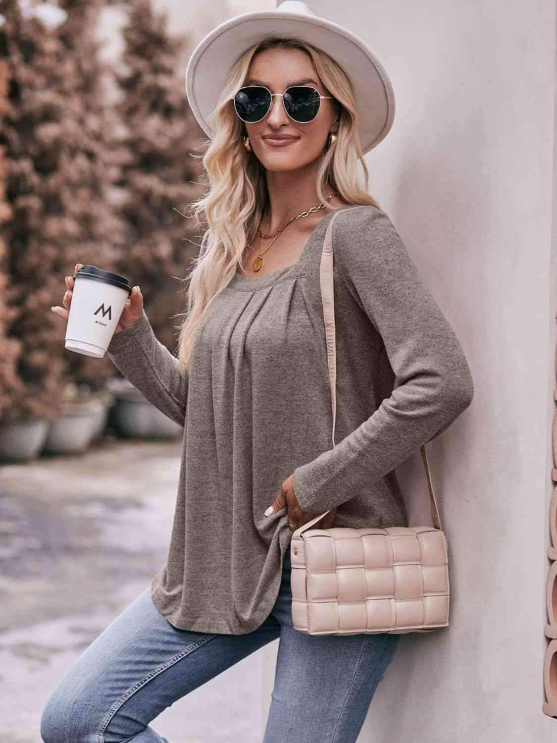 Double Take Pleated Detail Curved Hem Long Sleeve Top Blouses - Tophatter Daily Deals