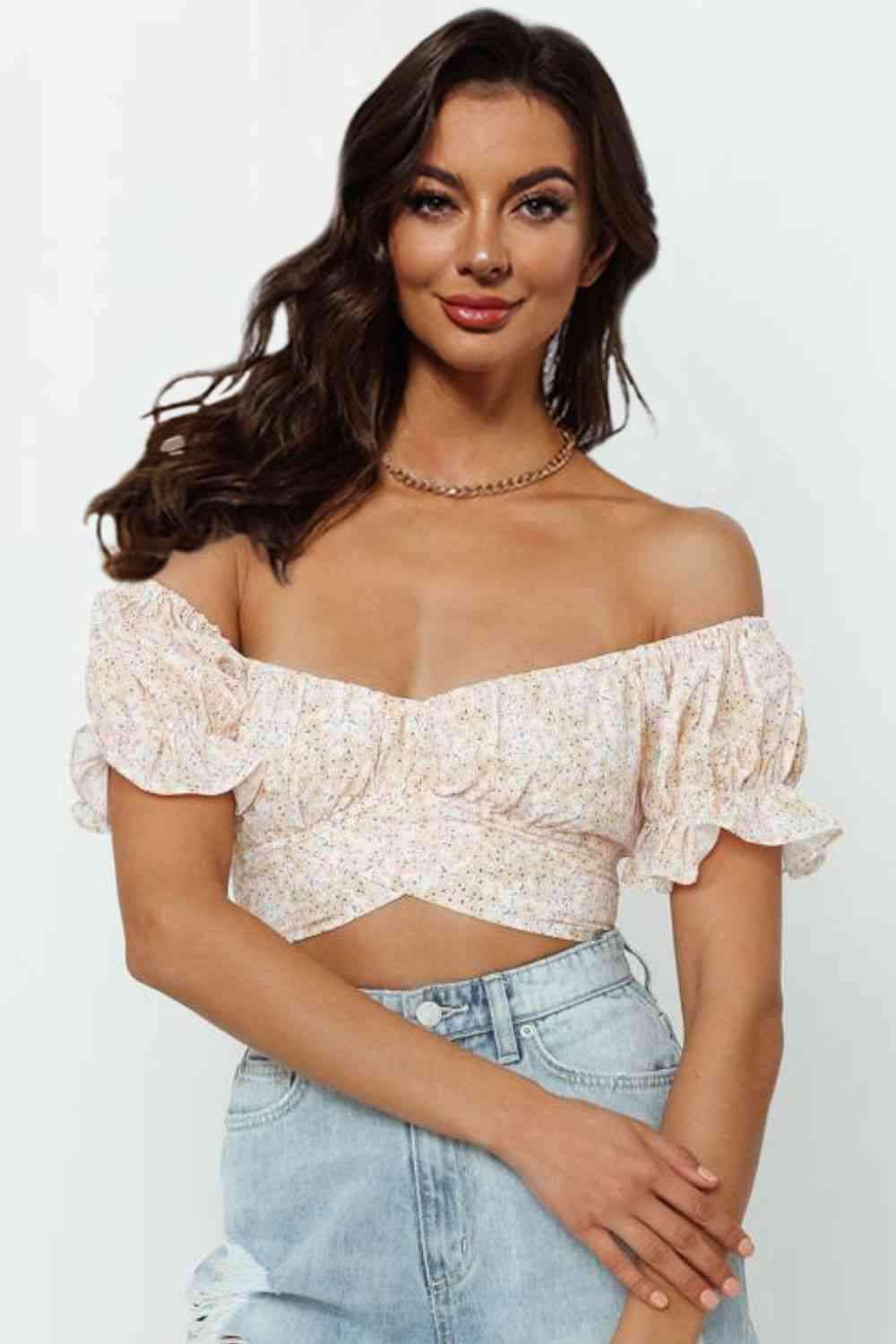 Flower Print Ruffle Trim Off-Shoulder Back Tie Blouse Light Apricot Blouses - Tophatter Daily Deals