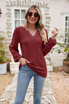 Eyelet Notched Neck Balloon Sleeve Blouse Wine Blouses - Tophatter Daily Deals