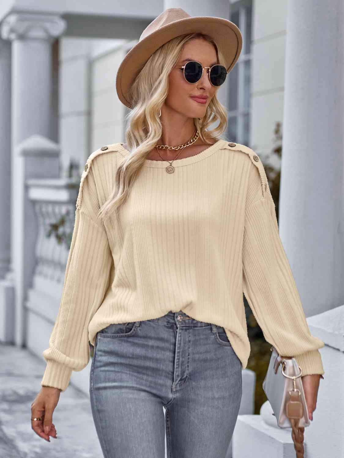 Shoulder Detail Round Neck Top Blouses - Tophatter Daily Deals