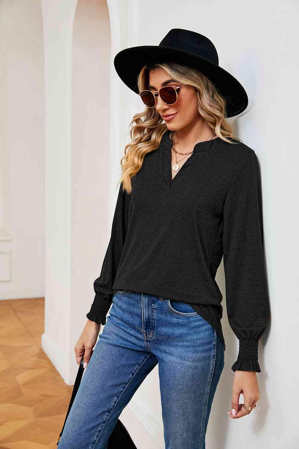 Notched Neck Long Sleeve Blouse Blouses - Tophatter Daily Deals