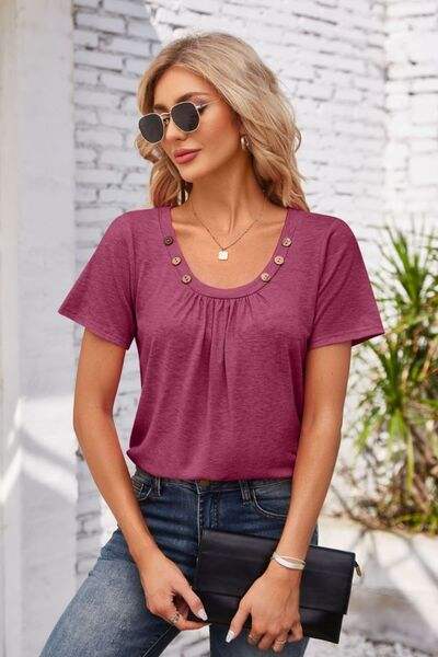 Decorative Button Scoop Neck T-Shirt Women's T-Shirts - Tophatter Daily Deals