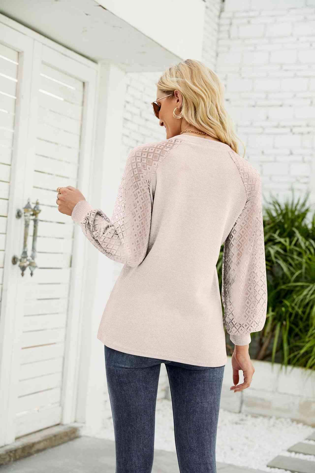 Waffle-Knit Spliced Lace Notched Top Blouses - Tophatter Daily Deals