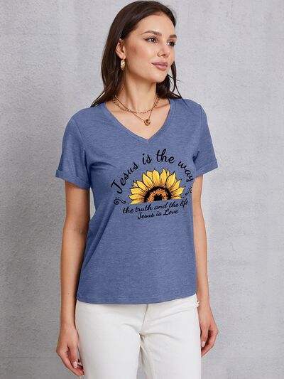 Sunflower V-Neck Short Sleeve T-Shirt Dusty Blue Women's T-Shirts - Tophatter Daily Deals