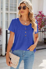 Eyelet Quarter Button Short Sleeve T-Shirt Women's T-Shirts - Tophatter Daily Deals