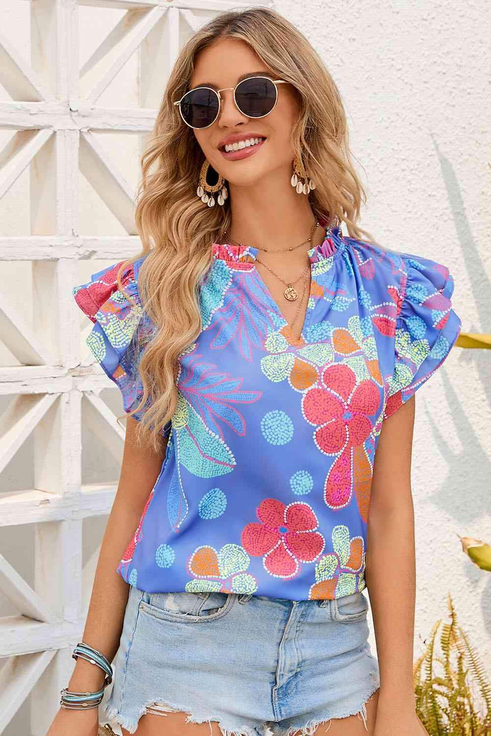 Floral Notched Neck Flutter Sleeve Blouse Blouses - Tophatter Daily Deals