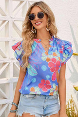 Floral Notched Neck Flutter Sleeve Blouse Blouses - Tophatter Daily Deals