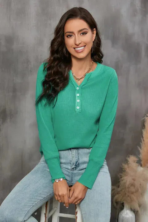 Waffle Knit Buttoned Notched Neck Long Sleeve T-Shirt Teal Women's T-Shirts - Tophatter Daily Deals