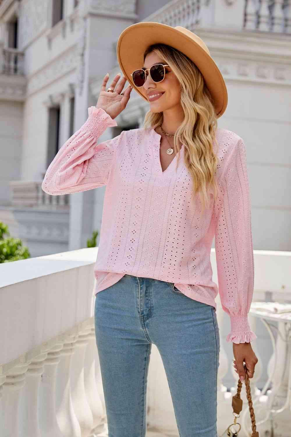 Notched Flounce Sleeve Eyelet Top Pink Blouses - Tophatter Daily Deals