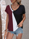 Color Block Decorative Button V-Neck Tee Women's T-Shirts - Tophatter Daily Deals