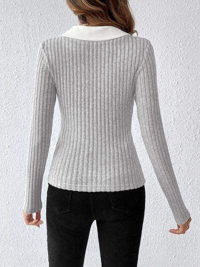 Ribbed Contrast Johnny Collar Long Sleeve Blouse Blouses - Tophatter Daily Deals