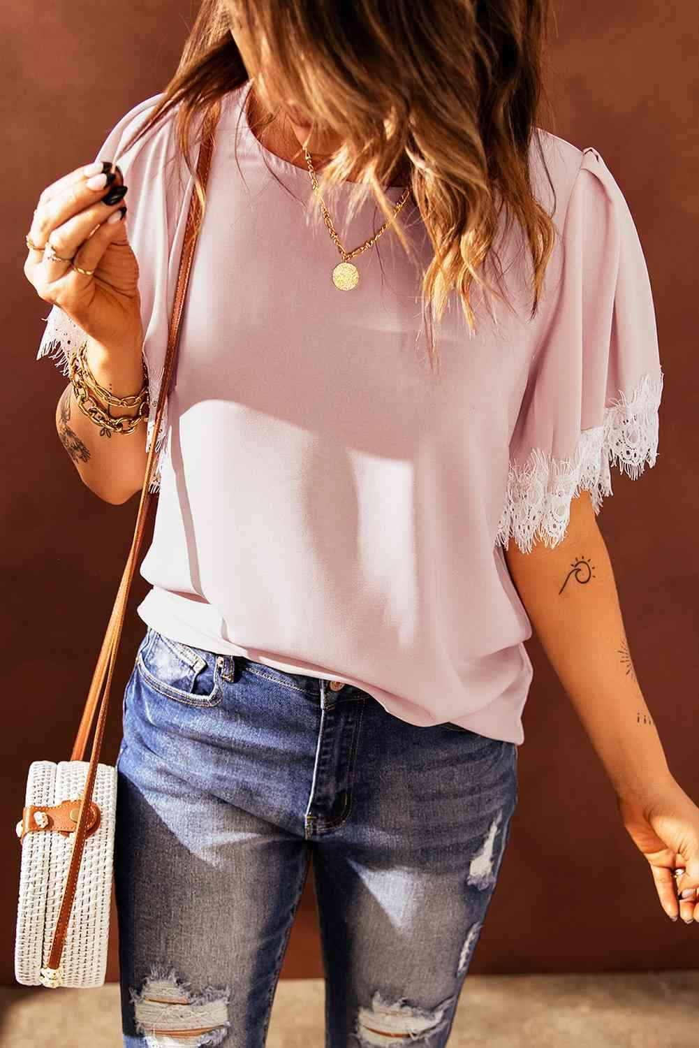 Lace Trim Flutter Sleeve Blouse Blouses - Tophatter Daily Deals