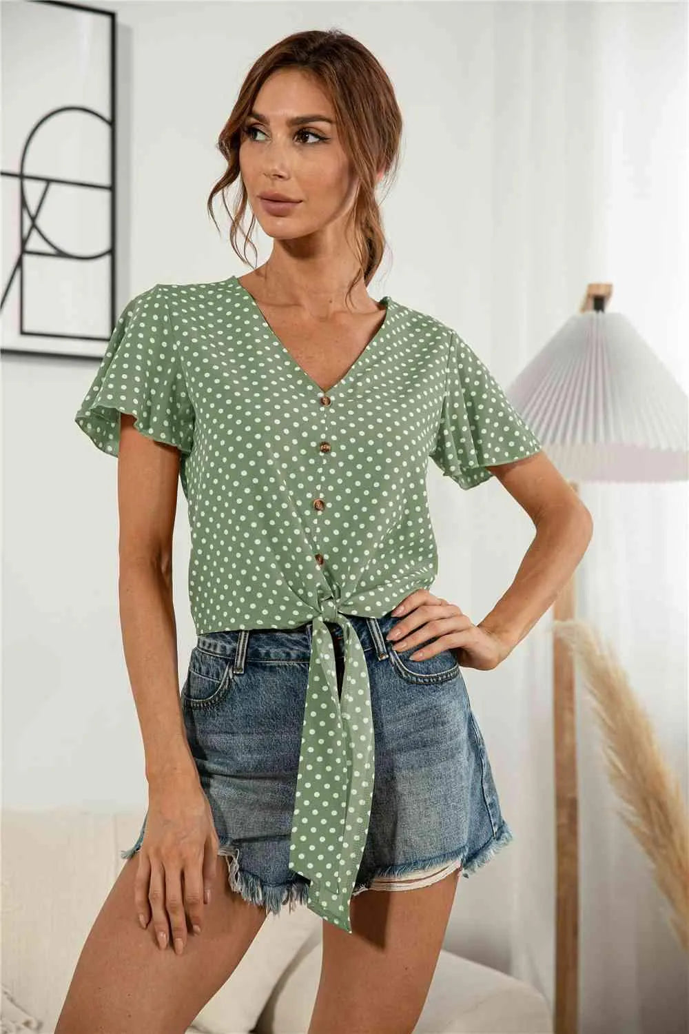 Decorative Button V-Neck Tied Blouse Green Dot Blouses - Tophatter Daily Deals