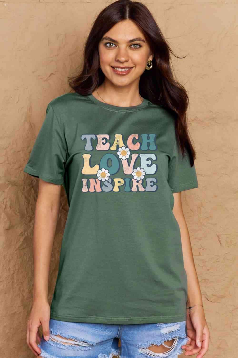 Simply Love Full Size TEACH LOVE INSPIRE Graphic Cotton T-Shirt Women's T-Shirts - Tophatter Daily Deals