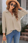 Textured Johnny Collar Three-Quarter Sleeve Blouse Beige Blouses - Tophatter Daily Deals