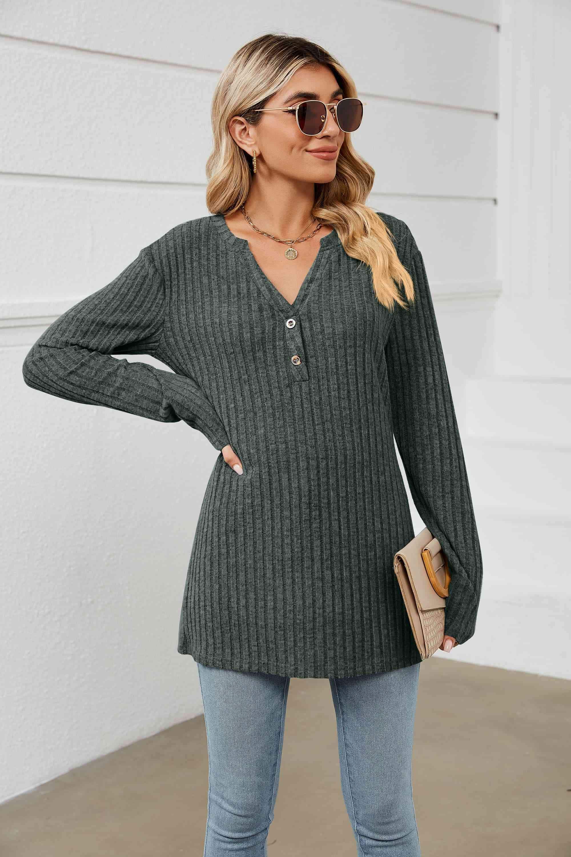 Notched Neck Ribbed Long Sleeve T-Shirt Women's T-Shirts - Tophatter Daily Deals