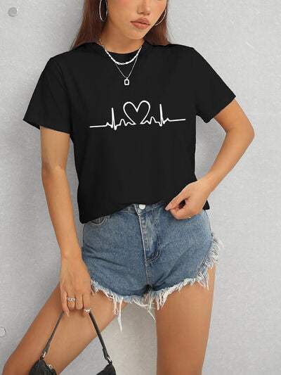 Heart Round Neck Short Sleeve T-Shirt Women's T-Shirts - Tophatter Daily Deals