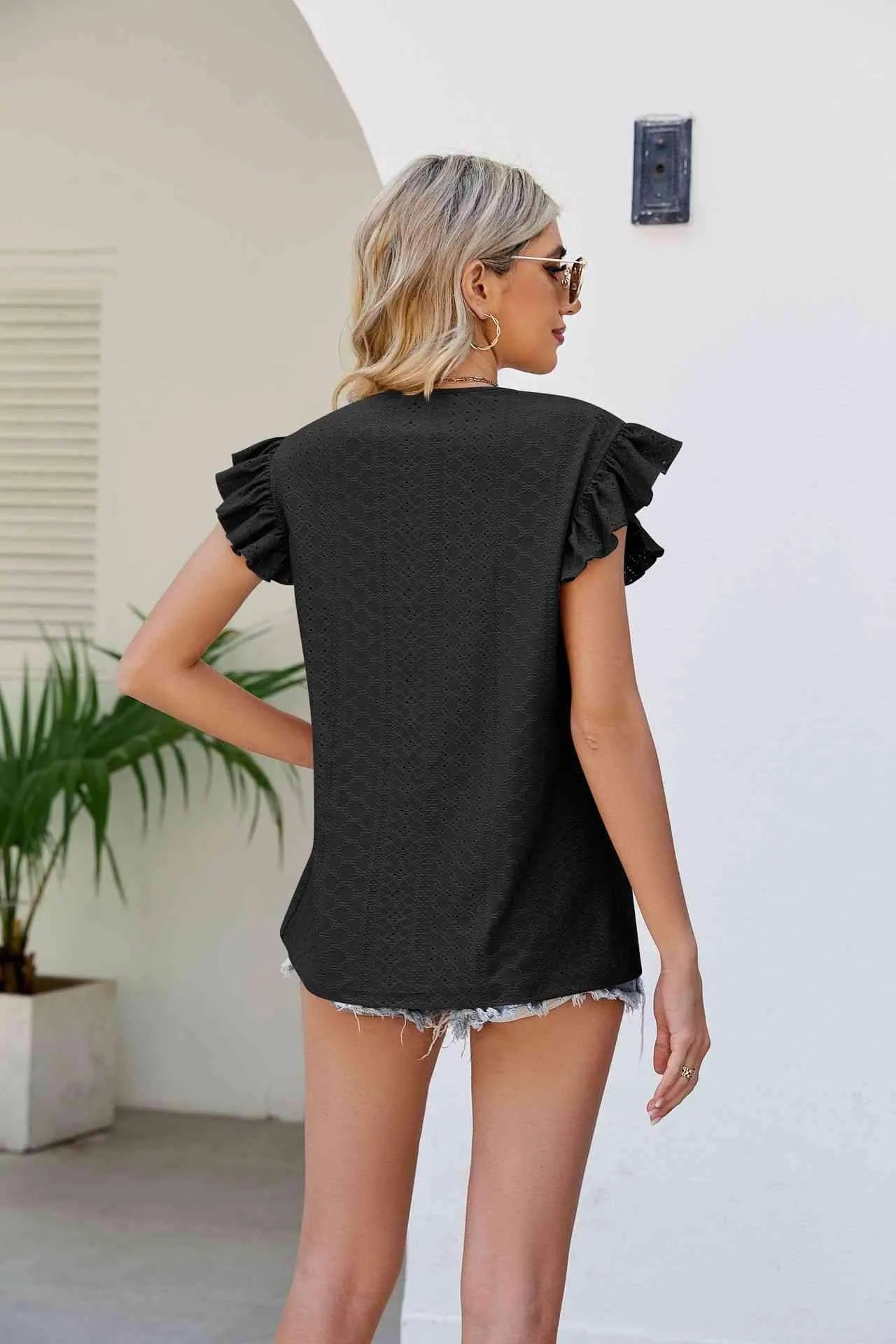Smocked Round Neck Flutter Sleeve Top Blouses - Tophatter Daily Deals