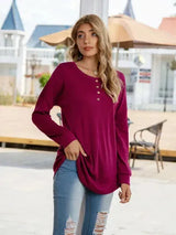Quarter Button Round Neck Dropped Shoulder T-Shirt Women's T-Shirts - Tophatter Daily Deals