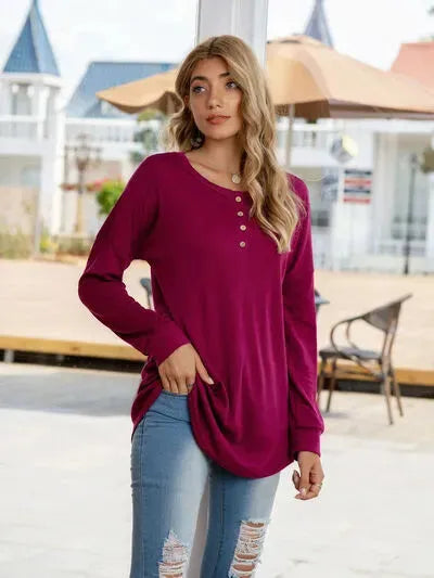 Quarter Button Round Neck Dropped Shoulder T-Shirt Women's T-Shirts - Tophatter Daily Deals