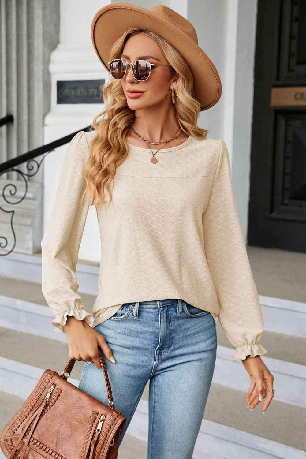 Round Neck Flounce Sleeve Blouse Cream Blouses - Tophatter Daily Deals