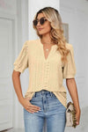 Eyelet Short Puff Sleeve Notched Neck Top Yellow Blouses - Tophatter Daily Deals