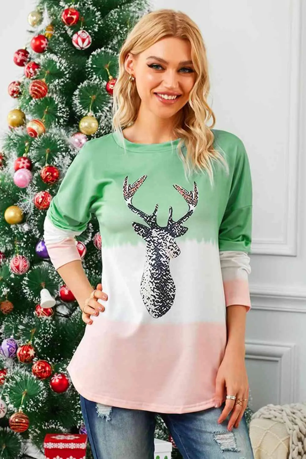 Reindeer Graphic Color Block Long Sleeve T-Shirt Women's T-Shirts - Tophatter Daily Deals