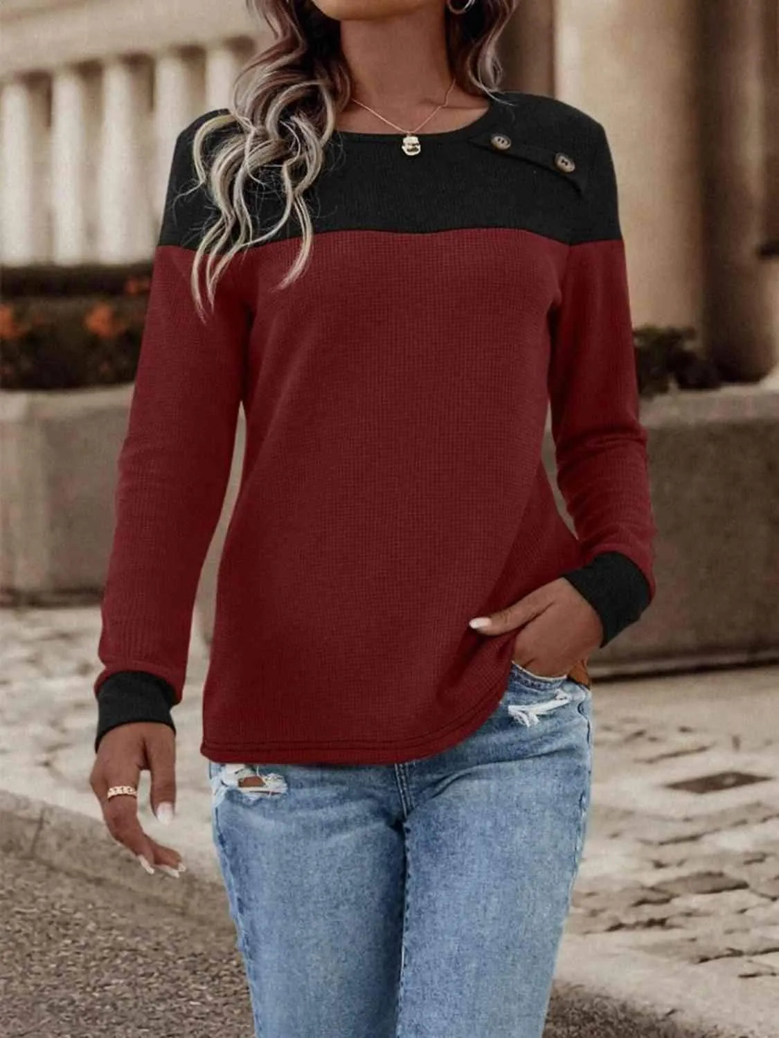 Contrast Buttoned Round Neck Long Sleeve T-Shirt Women's T-Shirts - Tophatter Daily Deals