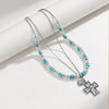 Artificial Turquoise Beaded Double-Layered Cross Necklace Silver One Size Necklaces - Tophatter Daily Deals