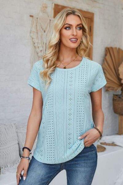 Eyelet Round Neck Rolled Short Sleeve T-Shirt Women's T-Shirts - Tophatter Daily Deals