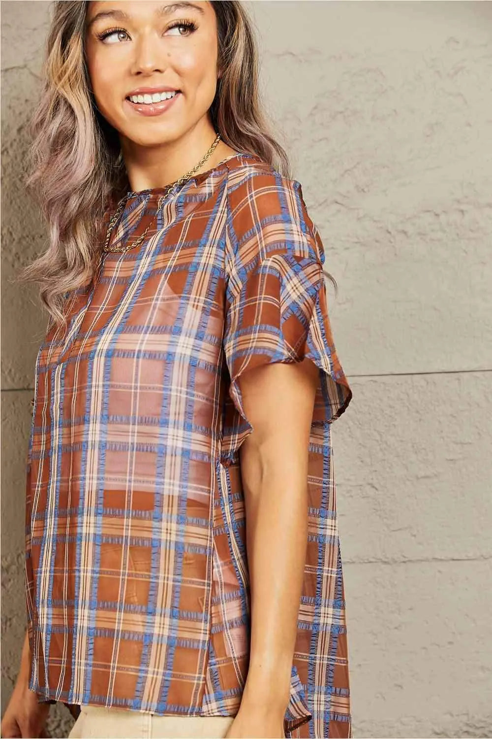Petal Dew For You Short Sleeve Plaid Top Blouses - Tophatter Daily Deals