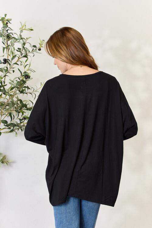 Zenana Full Size Round Neck Long Sleeve Top with Pocket Blouses - Tophatter Daily Deals