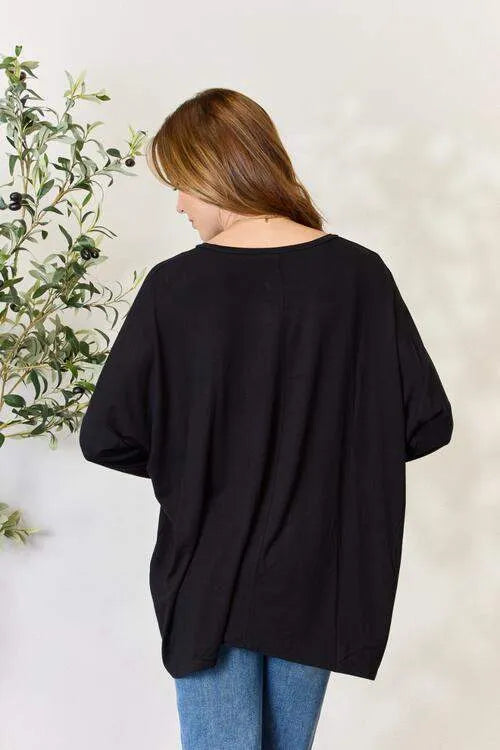 Zenana Full Size Round Neck Long Sleeve Top with Pocket Blouses - Tophatter Daily Deals